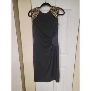 JS Collections Black Bugle Beads Sheath Dress Sz 8 Cocktail Party Wedding Chic